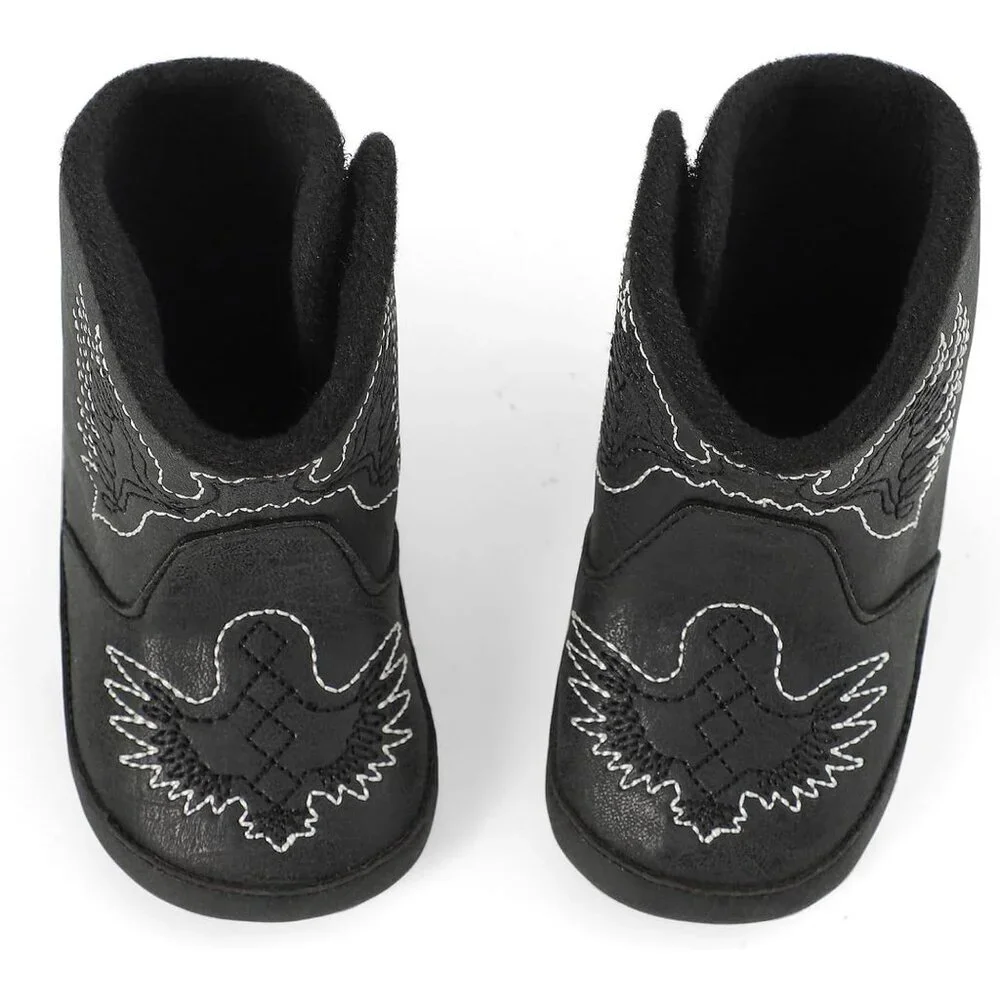 Infant Toddler Black Embroidered Faux Leather Western Rubber Sole Tassel Booties